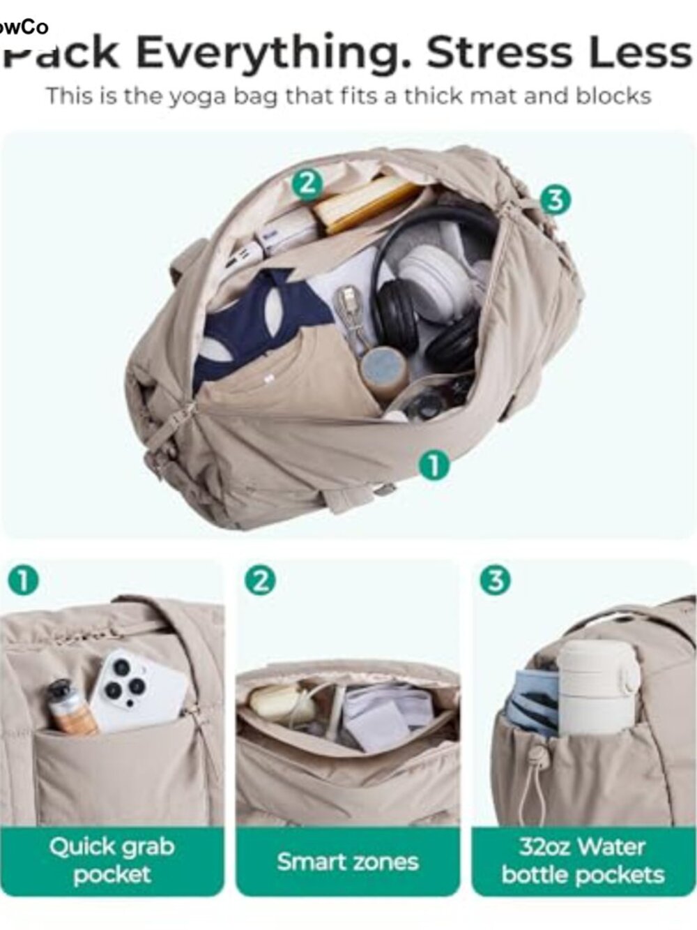 Puffy Quilted Nylon Gym Duffle Bag with Yoga Mat Straps 24L - Picture 5 of 6